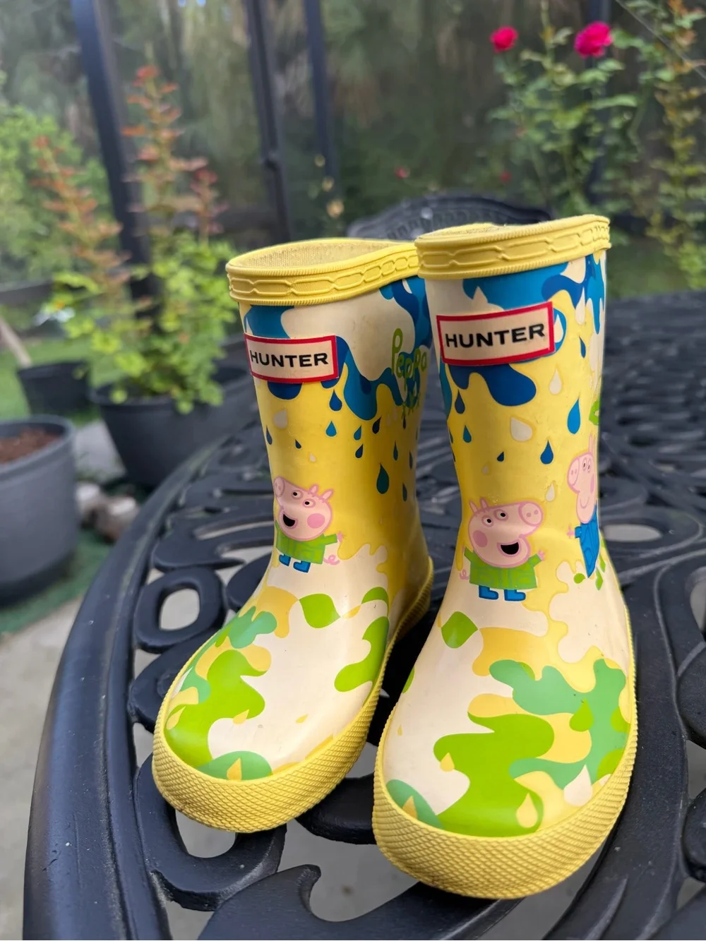 Hunter Yellow Kids Rain Boots with Peppa Pig and Green Splash